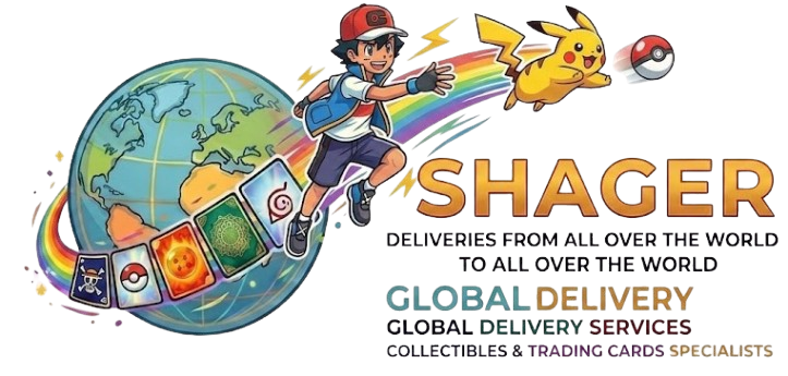 Shager - global Pokémon card delivery: Ash, Pikachu and collectible trading cards circling the globe